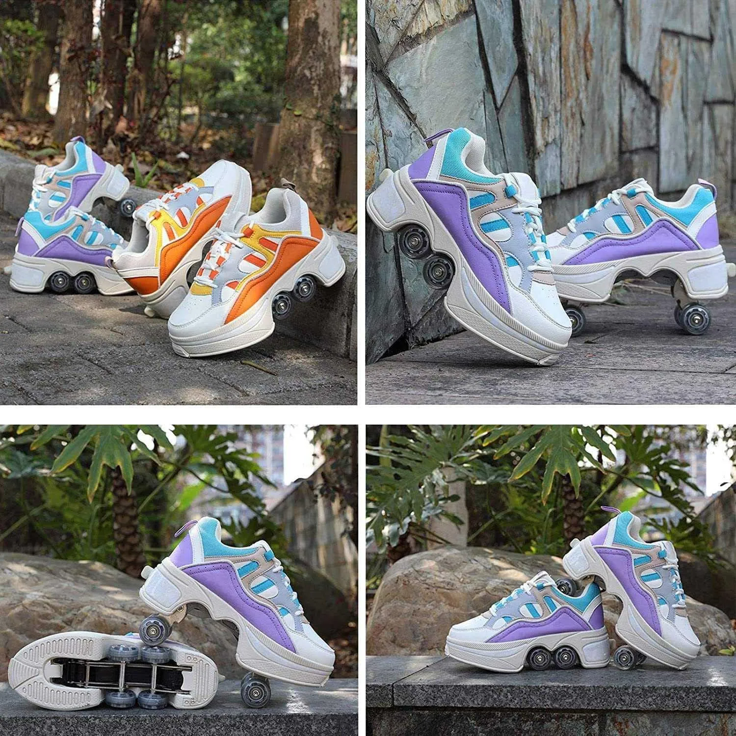 Double-Row Deform Wheel Automatic Walking Shoes Invisible Deformation Roller Skate Male and Female Skating Shoes 2 in 1 Removable Pulley Skate Shoes Recreation Sneakers