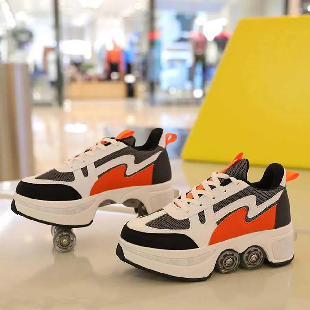 Double-Row Deform Wheel Automatic Walking Shoes Invisible Deformation Roller Skate Male and Female Skating Shoes 2 in 1 Removable Pulley Skate Shoes Recreation Sneakers