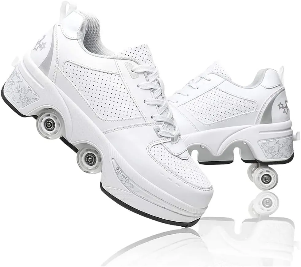 Double-Row Deform Wheel Automatic Walking Shoes Invisible Deformation Roller Skate Male and Female Skating Shoes 2 in 1 Removable Pulley Skate Shoes Recreation Sneakers