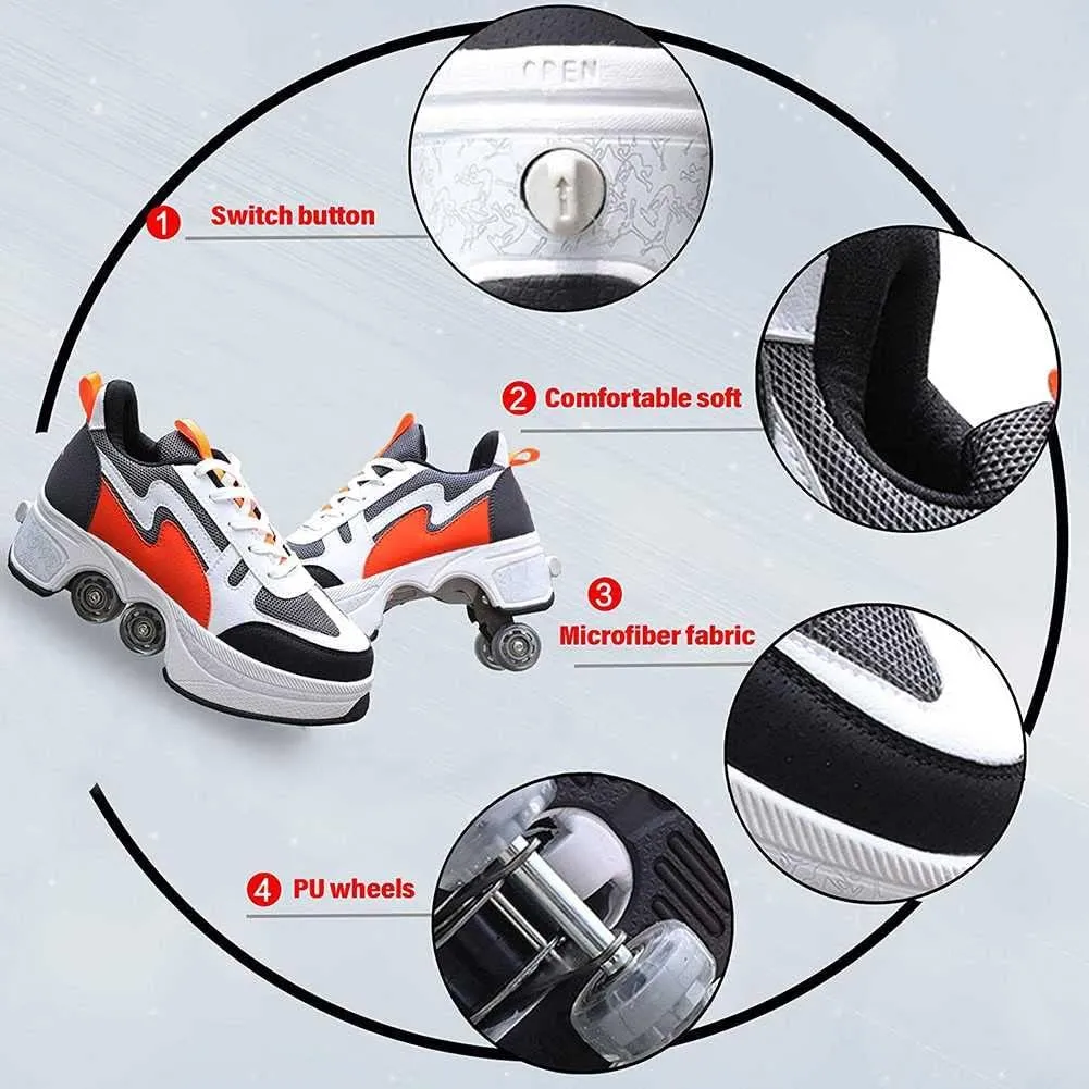 Double-Row Deform Wheel Automatic Walking Shoes Invisible Deformation Roller Skate Male and Female Skating Shoes 2 in 1 Removable Pulley Skate Shoes Recreation Sneakers