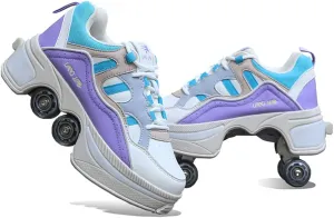 Double-Row Deform Wheel Automatic Walking Shoes Invisible Deformation Roller Skate Male and Female Skating Shoes 2 in 1 Removable Pulley Skate Shoes Recreation Sneakers