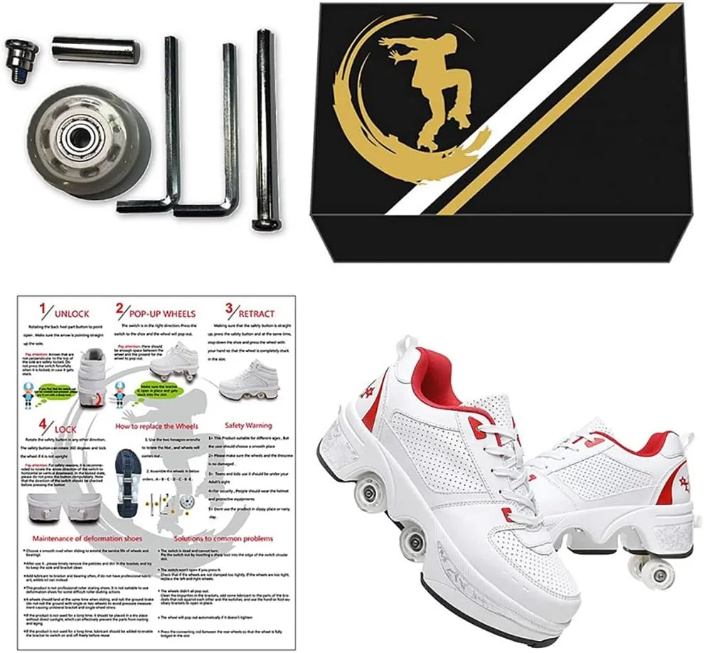 Double-Row Deform Wheel Automatic Walking Shoes Invisible Deformation Roller Skate Male and Female Skating Shoes 2 in 1 Removable Pulley Skate Shoes Recreation Sneakers