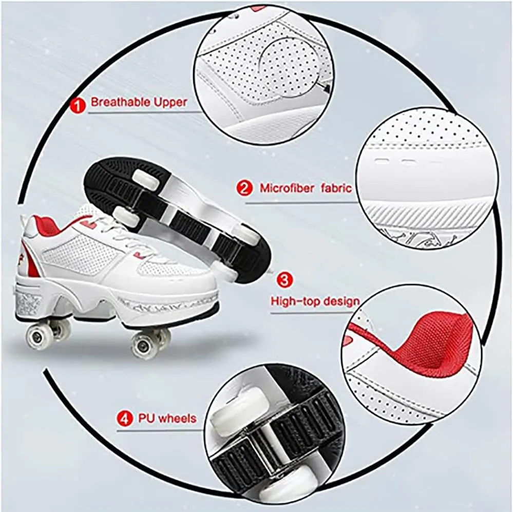Double-Row Deform Wheel Automatic Walking Shoes Invisible Deformation Roller Skate Male and Female Skating Shoes 2 in 1 Removable Pulley Skate Shoes Recreation Sneakers