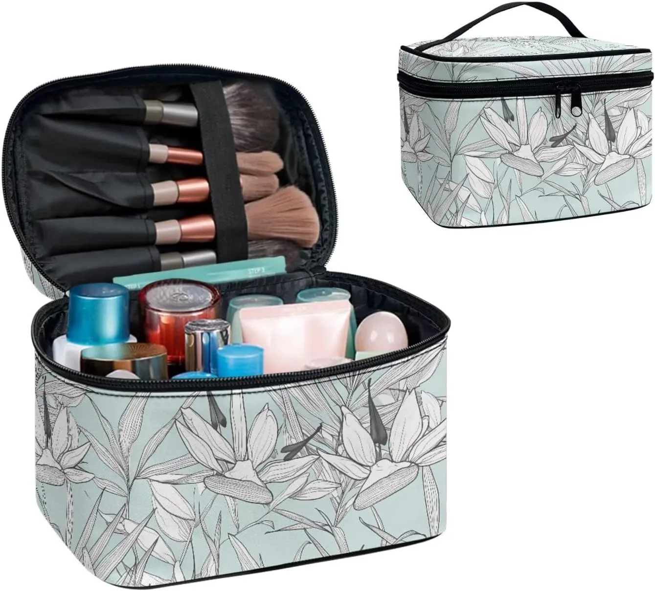 Drawing Tropical Flowers Makeup Organizer Case Toiletry Bag for Women, Bird Of Paradise Floral Travel Cosmetic Bag for Toiletries Essential