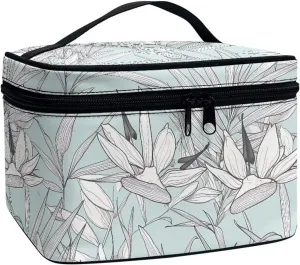 Drawing Tropical Flowers Makeup Organizer Case Toiletry Bag for Women, Bird Of Paradise Floral Travel Cosmetic Bag for Toiletries Essential
