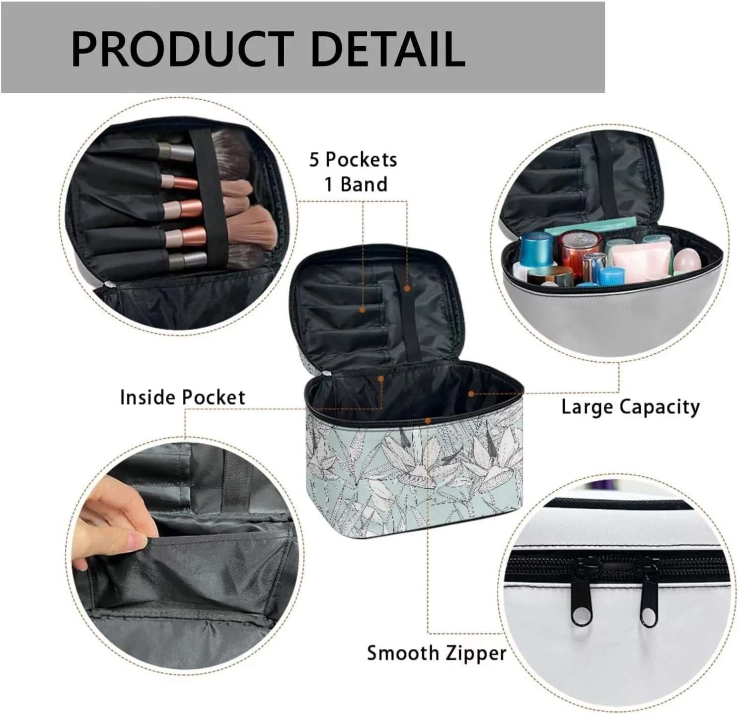 Drawing Tropical Flowers Makeup Organizer Case Toiletry Bag for Women, Bird Of Paradise Floral Travel Cosmetic Bag for Toiletries Essential