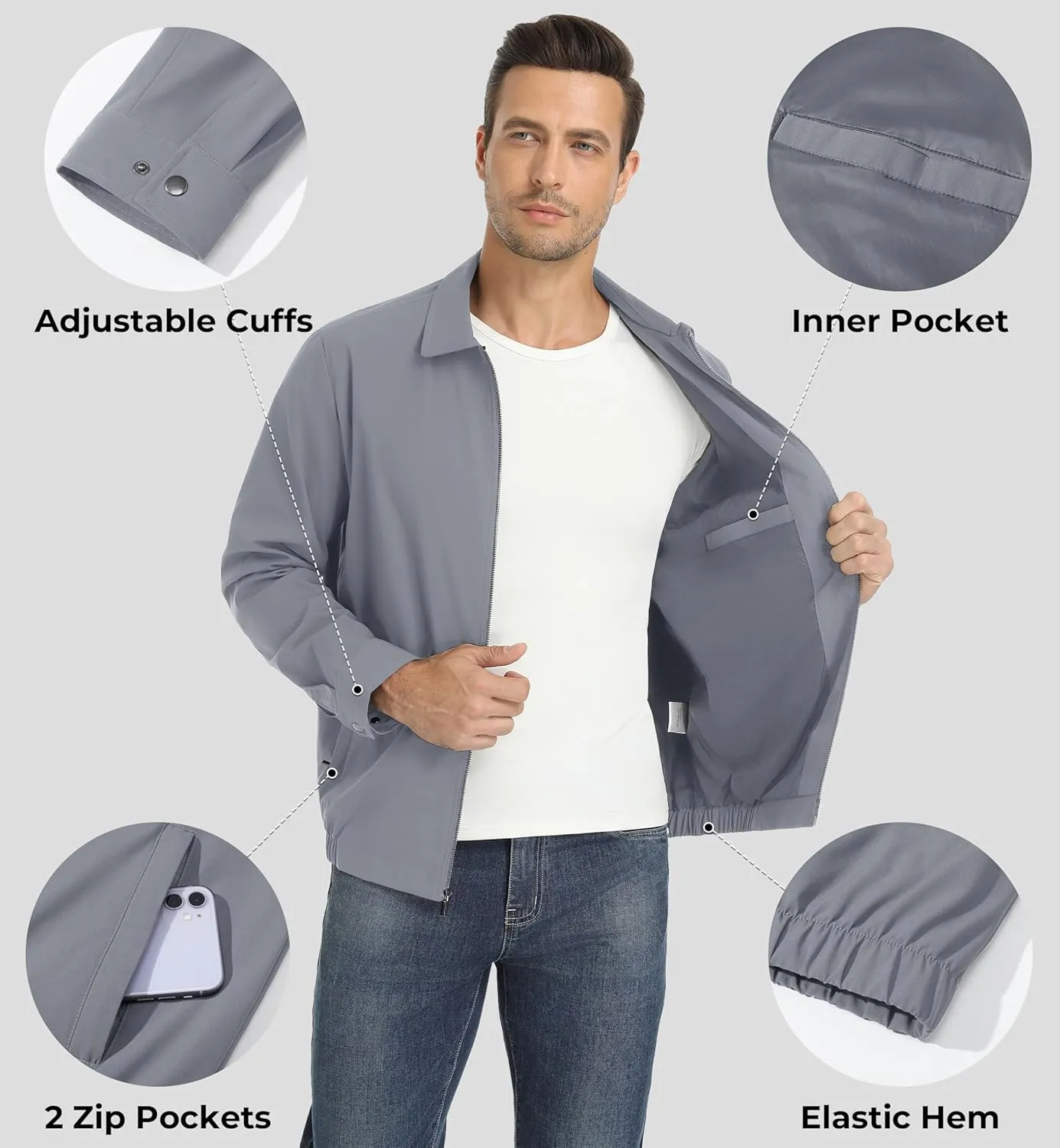 EKLENTSON Mens Lightweight Jackets Full Zip Laydown Collar Golf Light Windbreaker Jackets with Zip Pockets