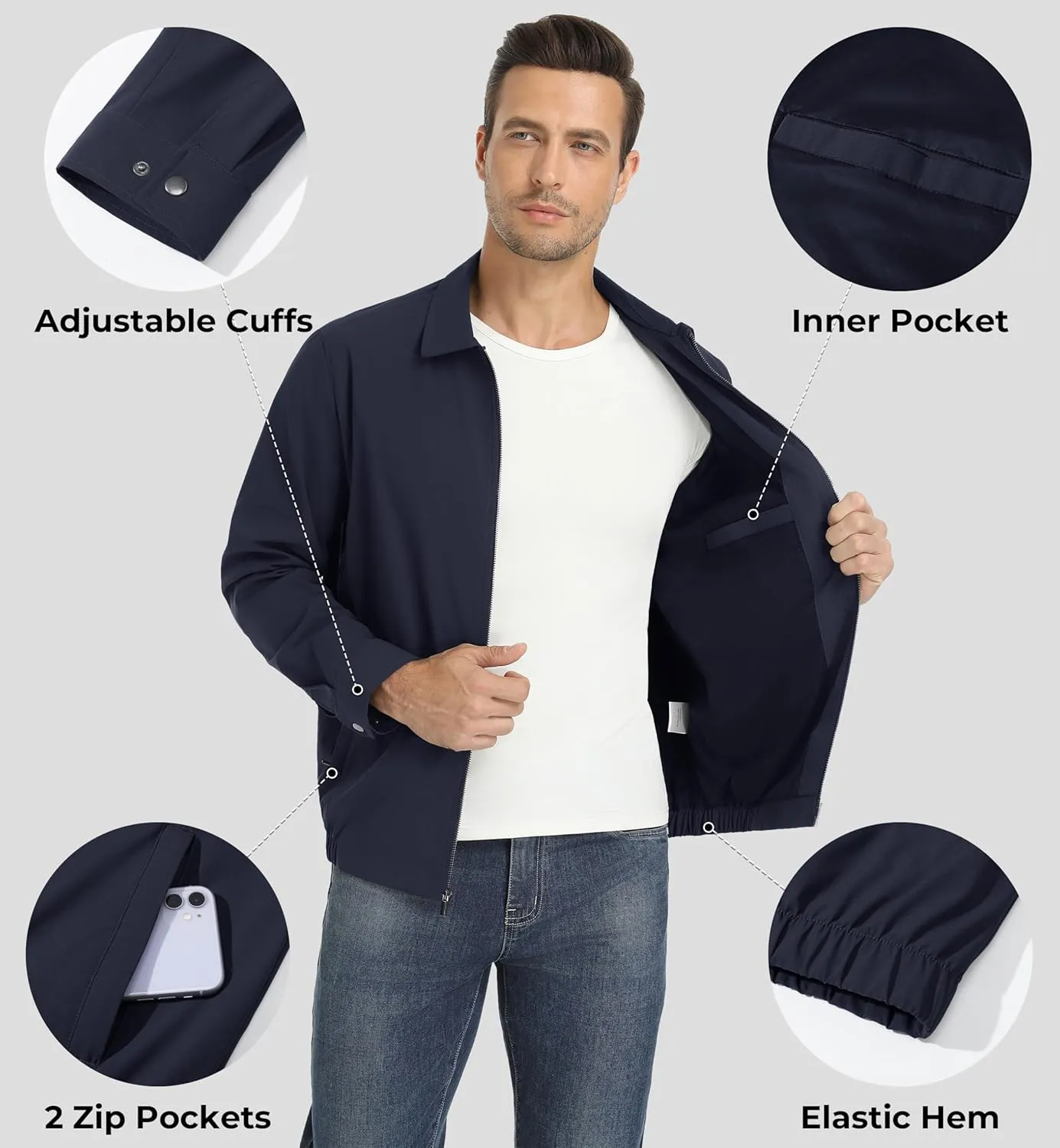 EKLENTSON Mens Lightweight Jackets Full Zip Laydown Collar Golf Light Windbreaker Jackets with Zip Pockets