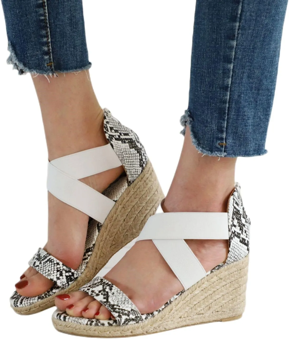Espadrilles Wedge Sandal for Women Slip On Elastic Ankle Strap Open Toe Platform Sandals Womens Casual Dressy Summer