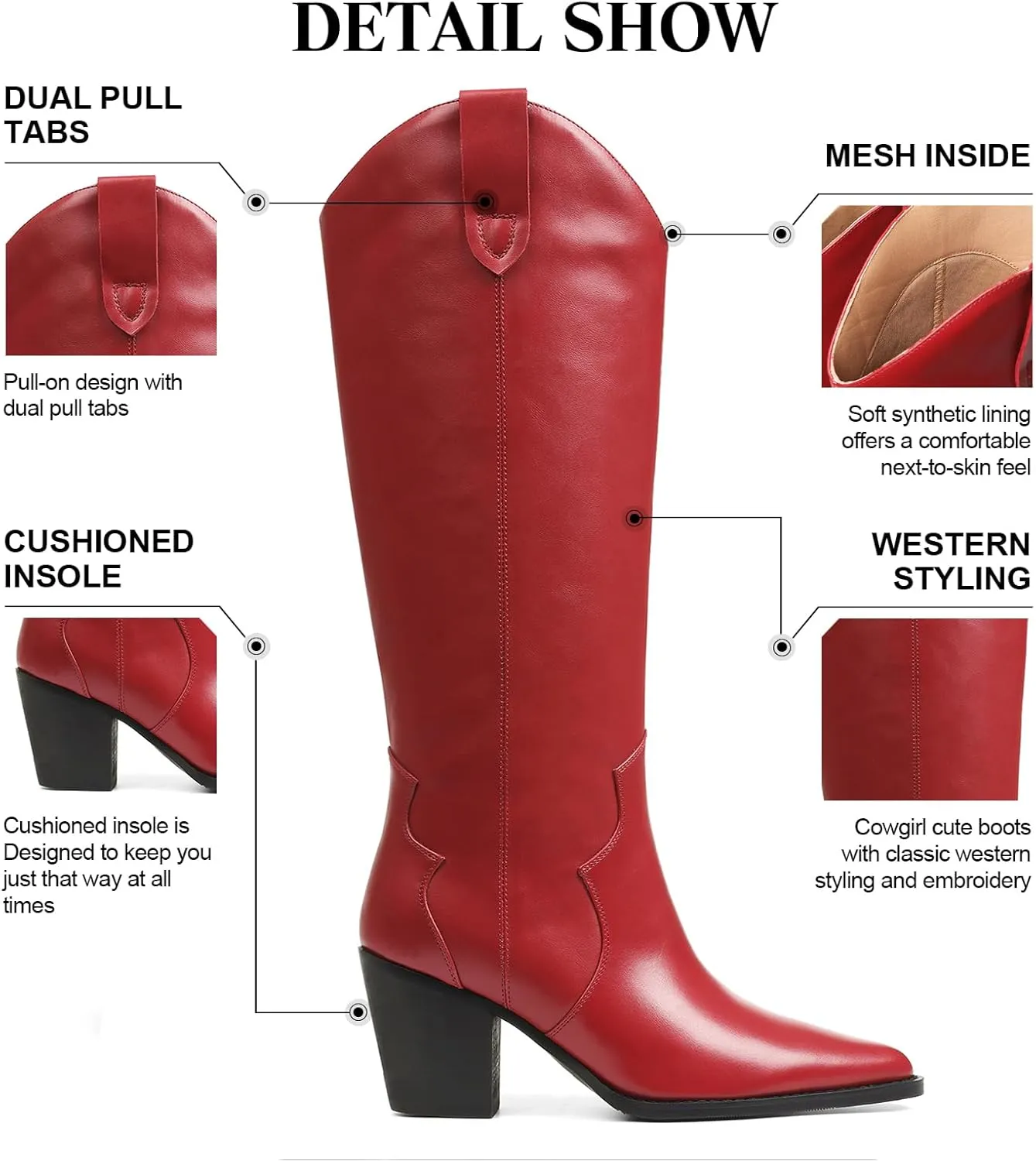 femflame Cowboy Boots for Women Pointed Toe Chunky Heel Knee High Boots Embroidered Western Boots