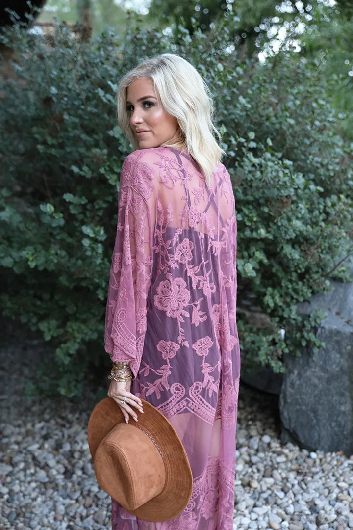 Free Bird Lace Crochet Kimono Midi-Duster - Rose