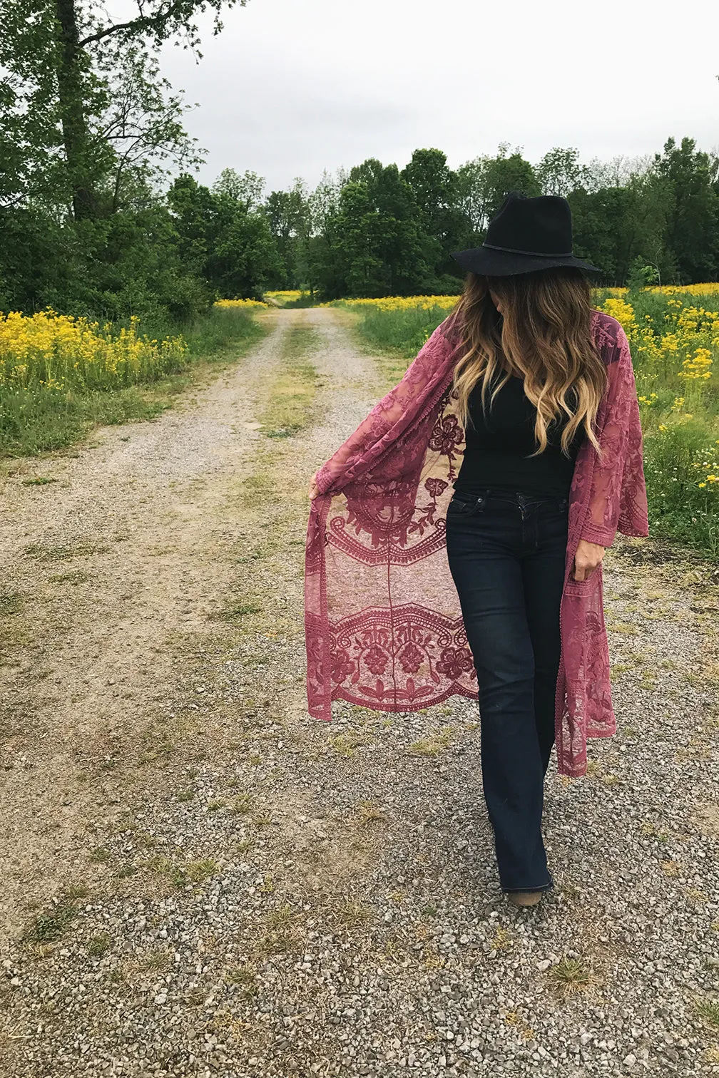 Free Bird Lace Crochet Kimono Midi-Duster - Rose
