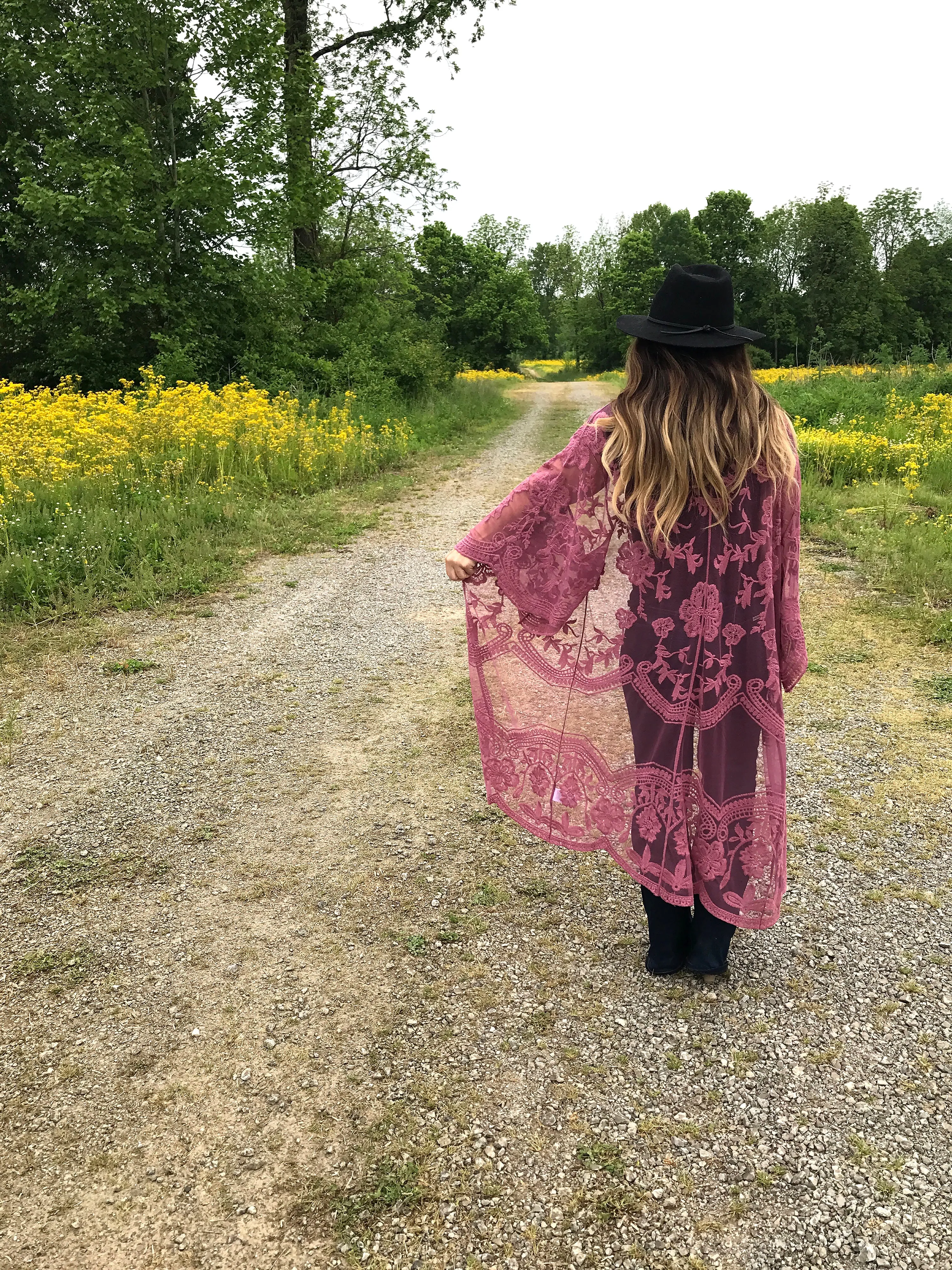 Free Bird Lace Crochet Kimono Midi-Duster - Rose