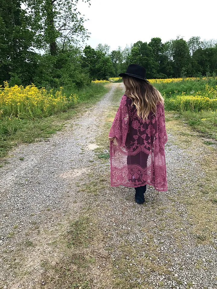 Free Bird Lace Crochet Kimono Midi-Duster - Rose