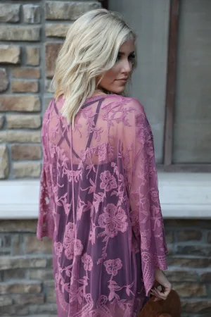 Free Bird Lace Crochet Kimono Midi-Duster - Rose