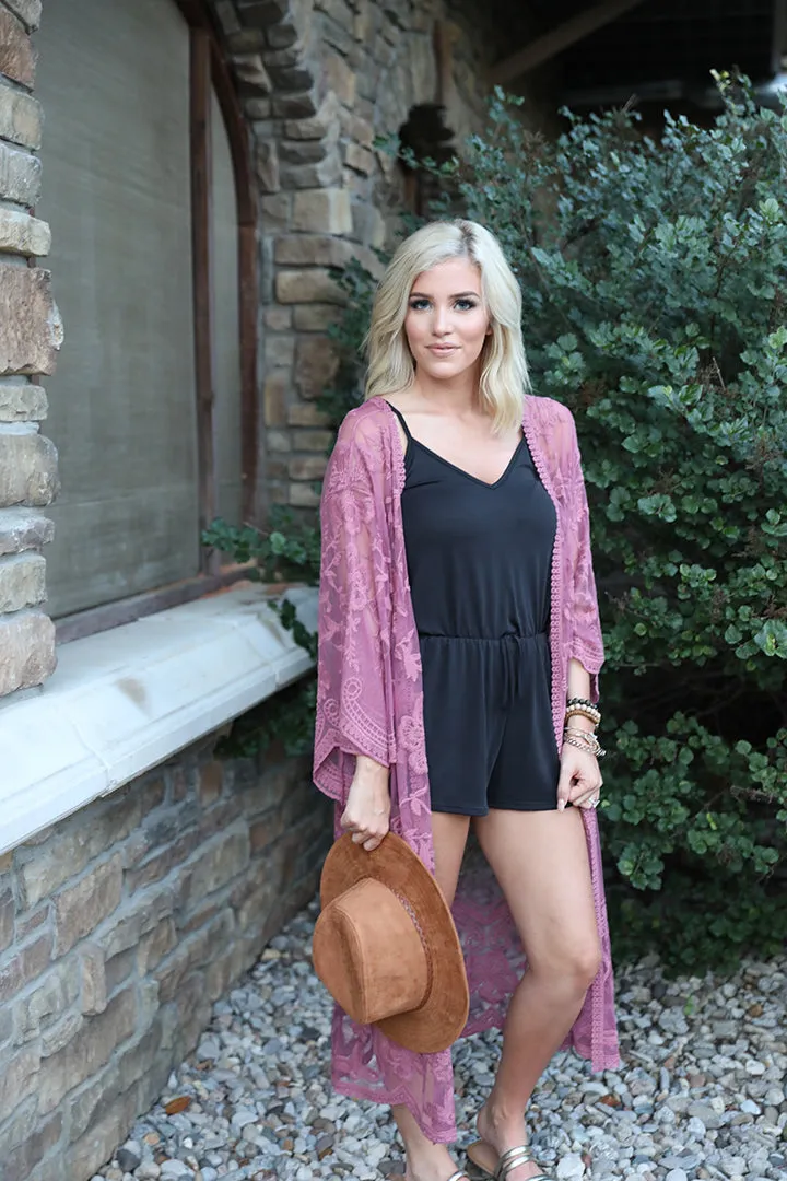 Free Bird Lace Crochet Kimono Midi-Duster - Rose