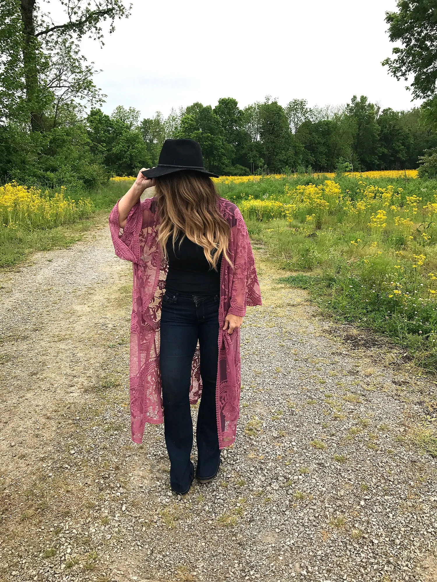 Free Bird Lace Crochet Kimono Midi-Duster - Rose