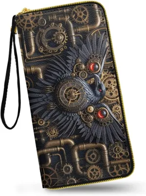 Gear Black Raven Print Leather Zip Around Travel Wallet for Women, Steampunk Mechanical Crow Printed Long Clutch Wallet for Credit Card, Cash, Coin, Bill