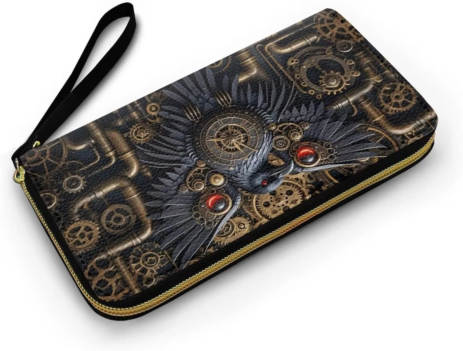 Gear Black Raven Print Leather Zip Around Travel Wallet for Women, Steampunk Mechanical Crow Printed Long Clutch Wallet for Credit Card, Cash, Coin, Bill