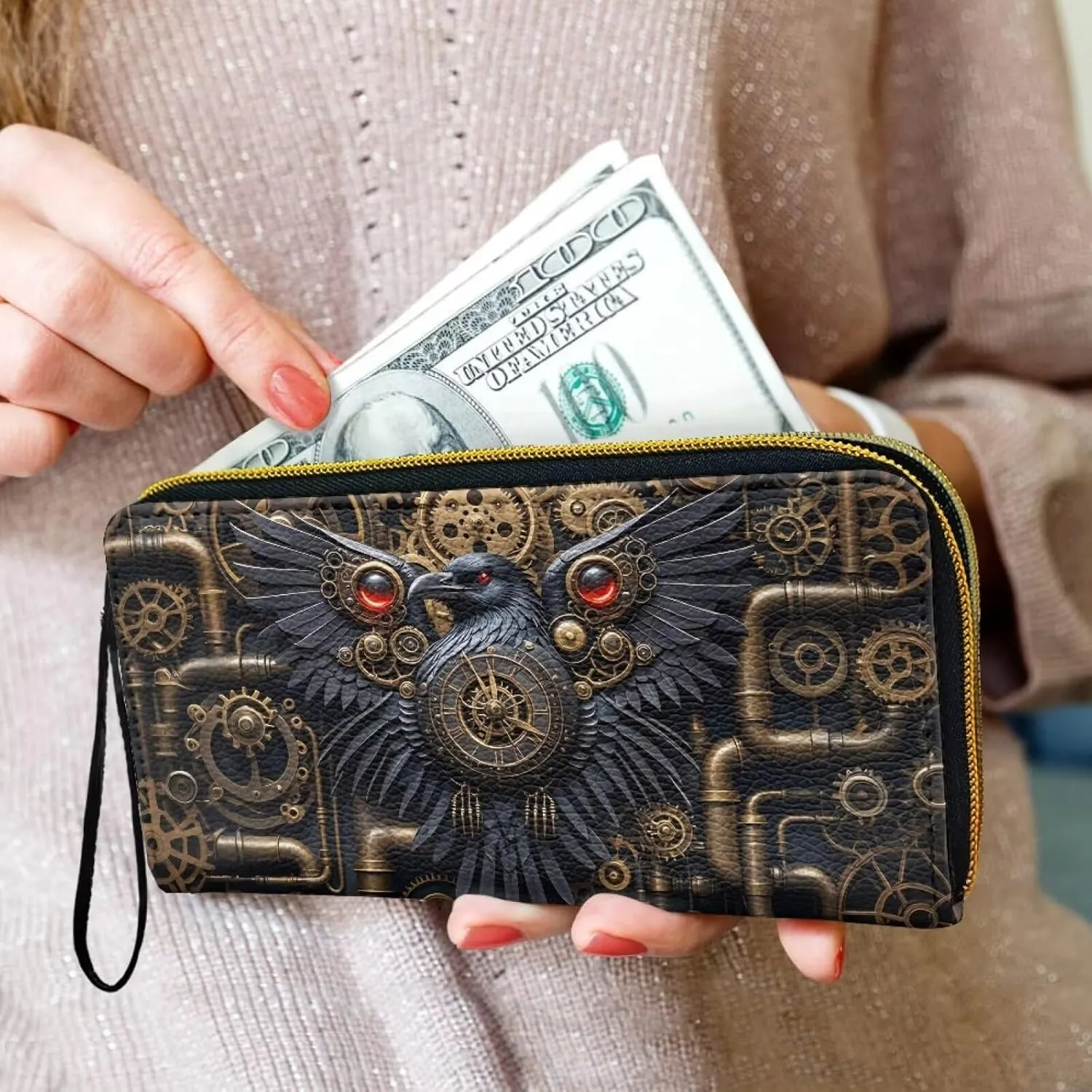 Gear Black Raven Print Leather Zip Around Travel Wallet for Women, Steampunk Mechanical Crow Printed Long Clutch Wallet for Credit Card, Cash, Coin, Bill