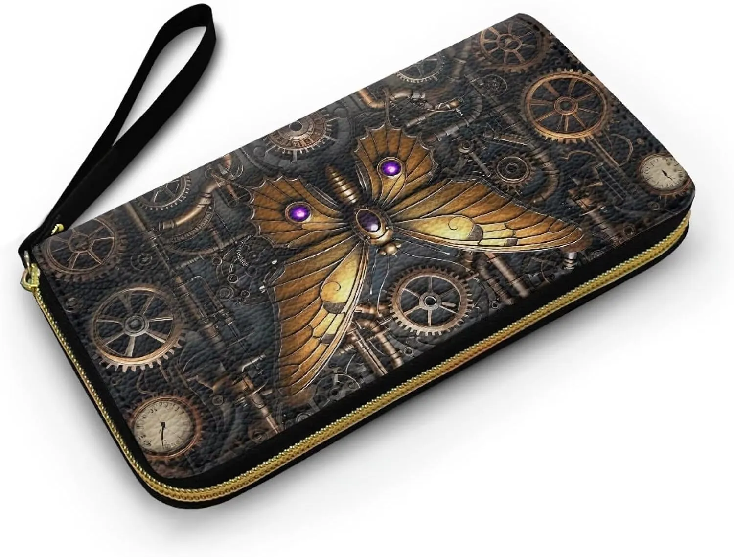 Gear Butterfly Wallets for Women Steampunk Mechanical Butterflies Zipper Around Card Holder Wallet Clutch, Retro Futurism PU Leather Wallet Lady Zipper Coin Pocket