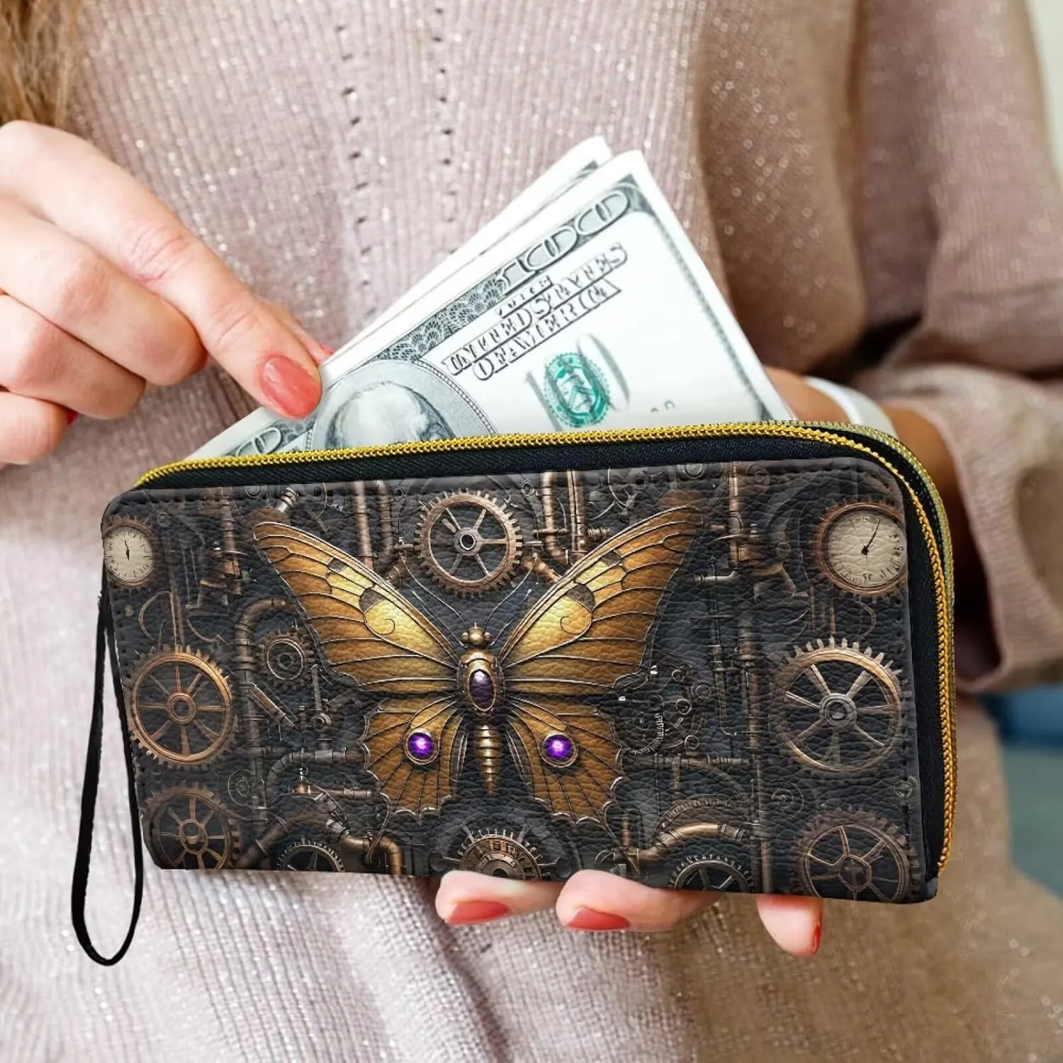 Gear Butterfly Wallets for Women Steampunk Mechanical Butterflies Zipper Around Card Holder Wallet Clutch, Retro Futurism PU Leather Wallet Lady Zipper Coin Pocket