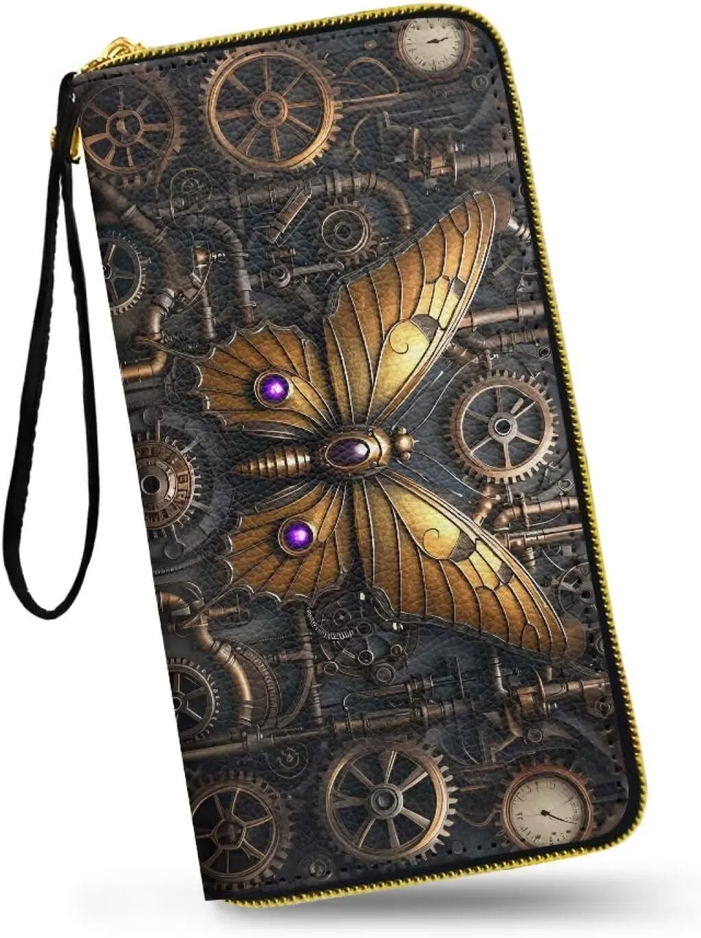 Gear Butterfly Wallets for Women Steampunk Mechanical Butterflies Zipper Around Card Holder Wallet Clutch, Retro Futurism PU Leather Wallet Lady Zipper Coin Pocket