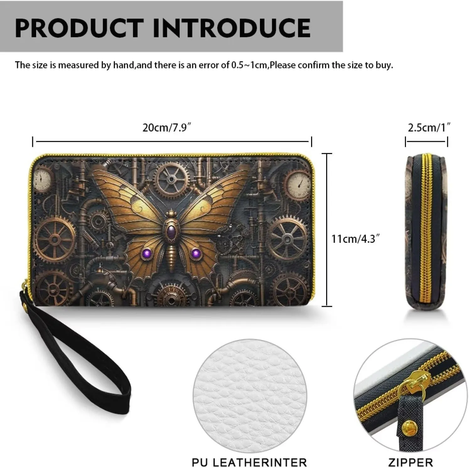Gear Butterfly Wallets for Women Steampunk Mechanical Butterflies Zipper Around Card Holder Wallet Clutch, Retro Futurism PU Leather Wallet Lady Zipper Coin Pocket