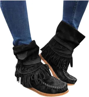 Gibobby Ankle Boots for Women Mid Knee High Boots Low Heel Fringe Side Zipper Fashion Winter Shoes Cowboy Booties