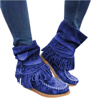 Gibobby Boots for Womens Mid Knee High Boots Low Heel Fringe Side Zipper Fashion Winter Shoes Cowboy Booties