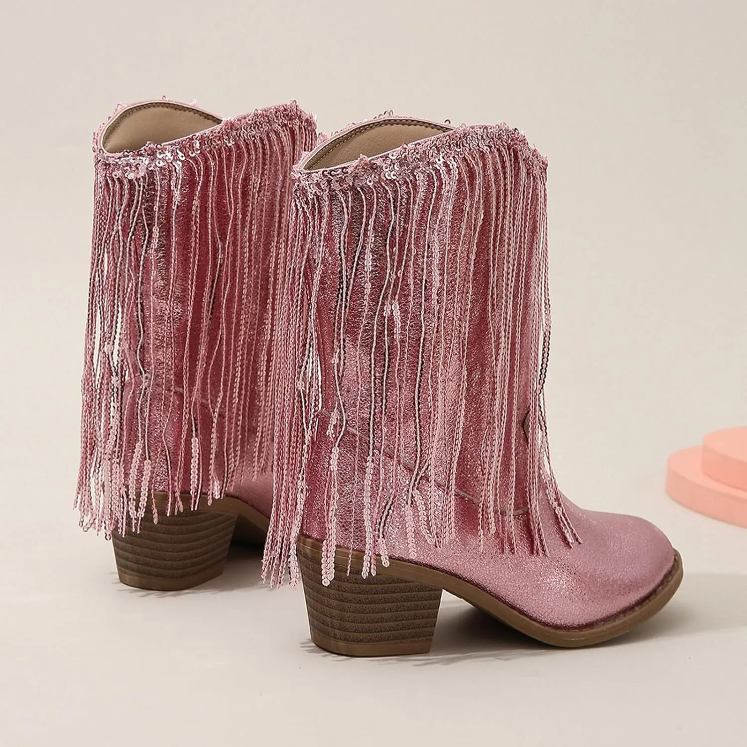 Girls Fringe ??hinestone Tassel Cowboy Boots Western Cow-Girl Pointed Toe Block High Heel Zipper Knee High Boots
