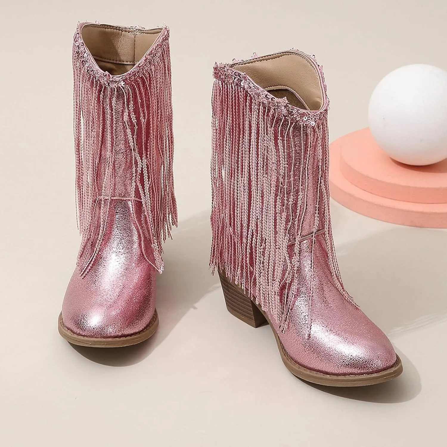 Girls Fringe ??hinestone Tassel Cowboy Boots Western Cow-Girl Pointed Toe Block High Heel Zipper Knee High Boots
