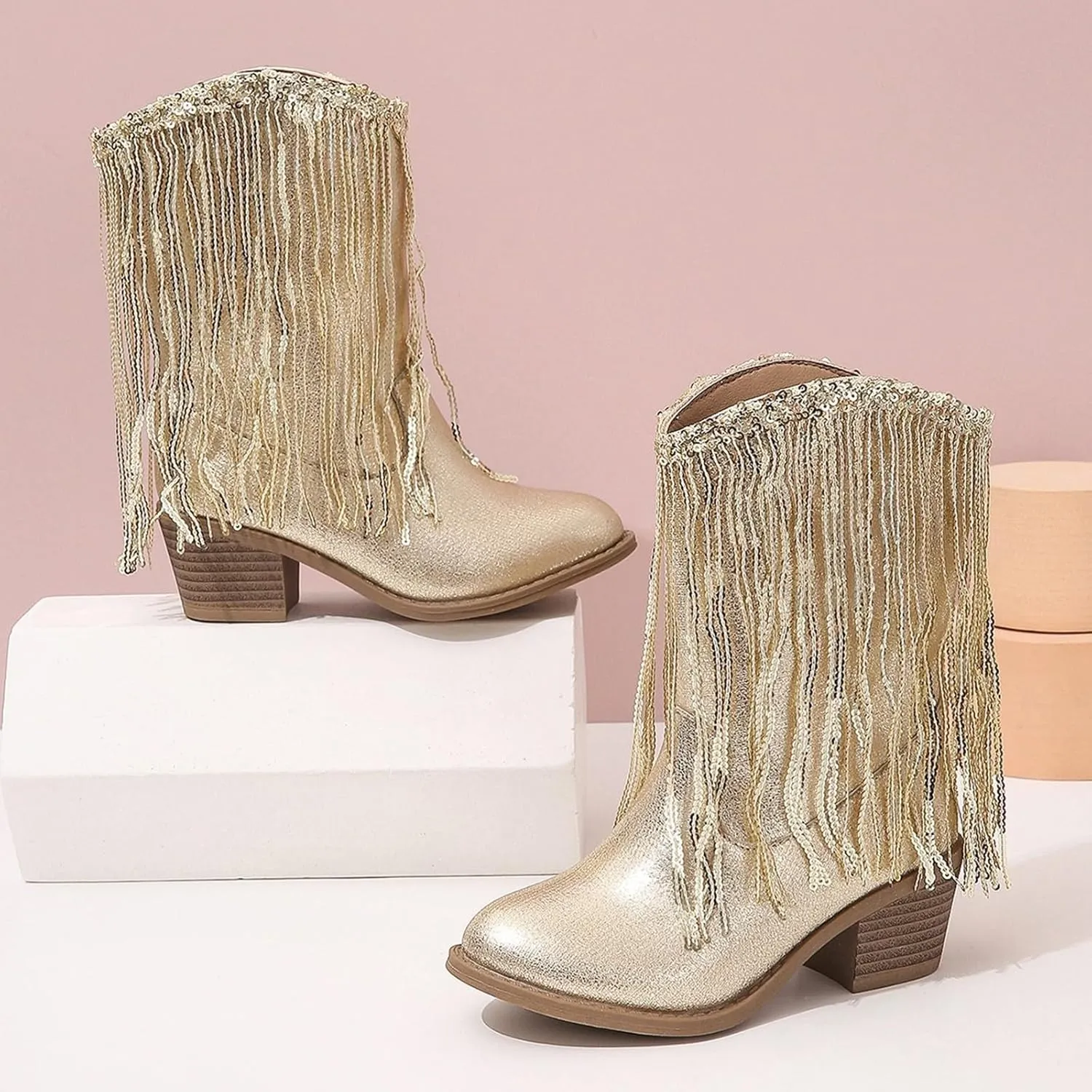Girls Fringe ??hinestone Tassel Cowboy Boots Western Cow-Girl Pointed Toe Block High Heel Zipper Knee High Boots