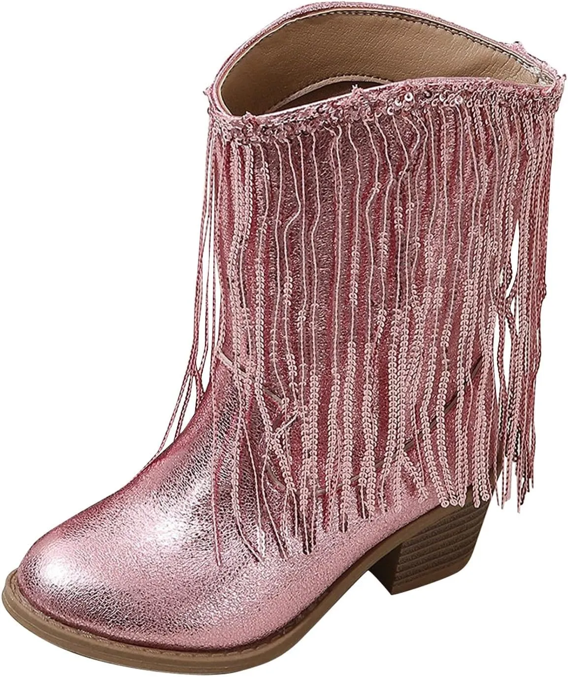 Girls Fringe ??hinestone Tassel Cowboy Boots Western Cow-Girl Pointed Toe Block High Heel Zipper Knee High Boots