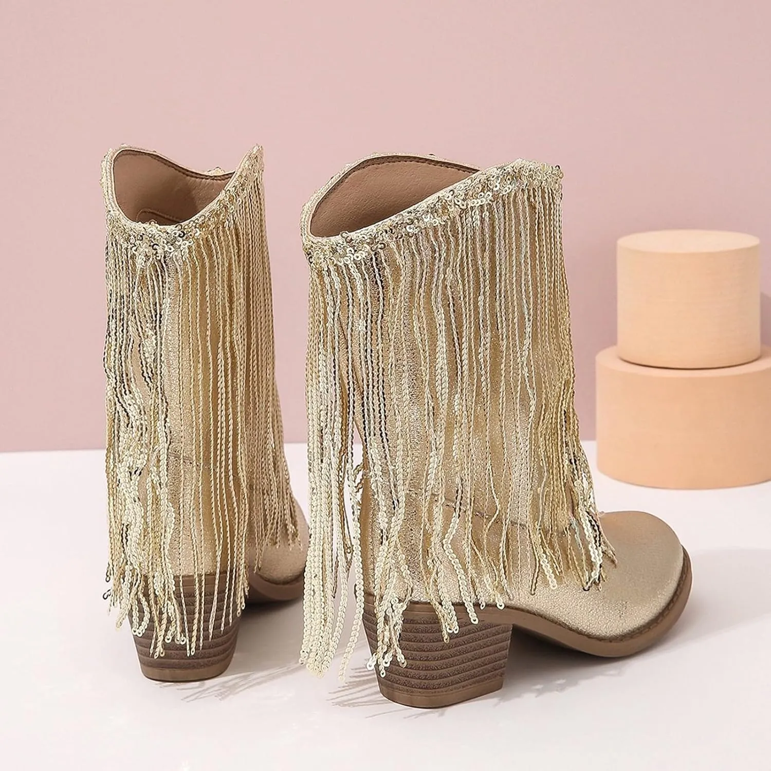 Girls Fringe ??hinestone Tassel Cowboy Boots Western Cow-Girl Pointed Toe Block High Heel Zipper Knee High Boots