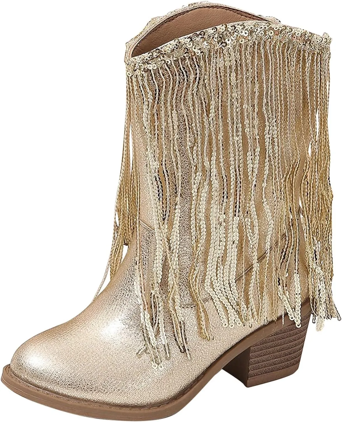 Girls Fringe ??hinestone Tassel Cowboy Boots Western Cow-Girl Pointed Toe Block High Heel Zipper Knee High Boots
