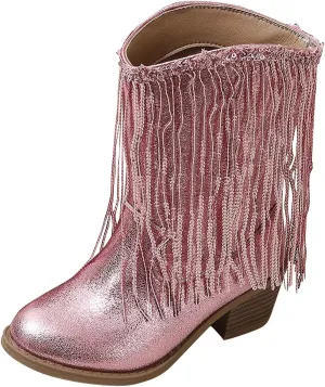 Girls Fringe ??hinestone Tassel Cowboy Boots Western Cow-Girl Pointed Toe Block High Heel Zipper Knee High Boots