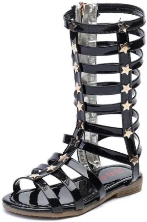 Girls Knee High Top Rivet Gladiator Sandals Fashion Summer Dress Flats Girls Zipper Boots Shoes
