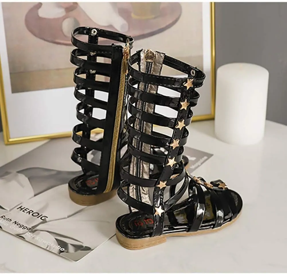 Girls Knee High Top Rivet Gladiator Sandals Fashion Summer Dress Flats Girls Zipper Boots Shoes
