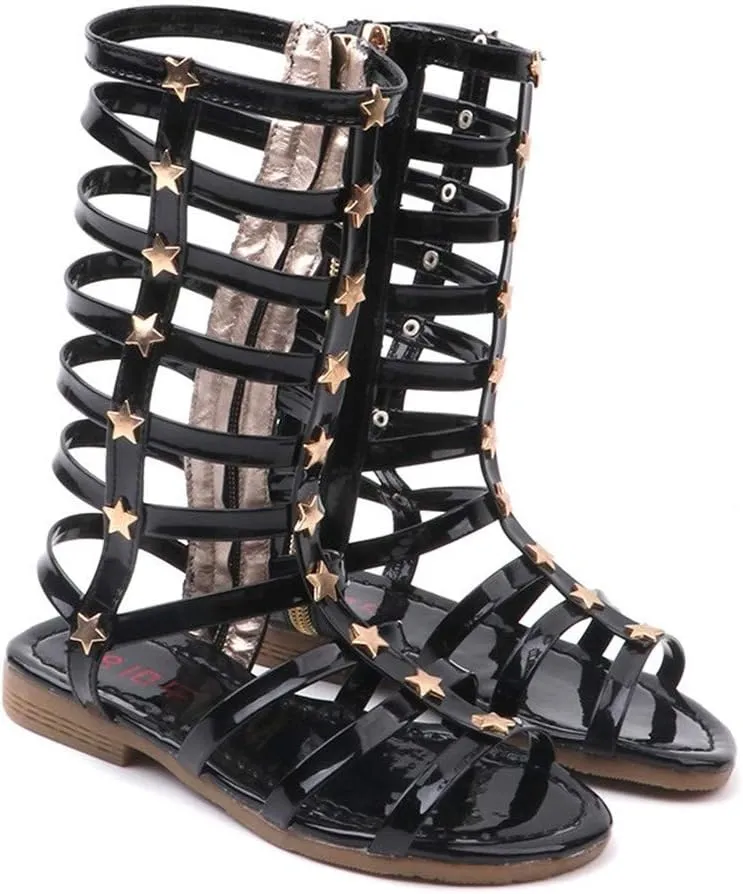 Girls Knee High Top Rivet Gladiator Sandals Fashion Summer Dress Flats Girls Zipper Boots Shoes