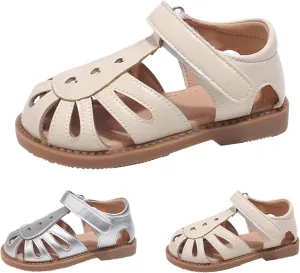 Girls Leather Soft Sandals Open Toe Sole Rubber Non Slip Water Shoes Ankle Wide Sandals Kids Breathable Summer Basic