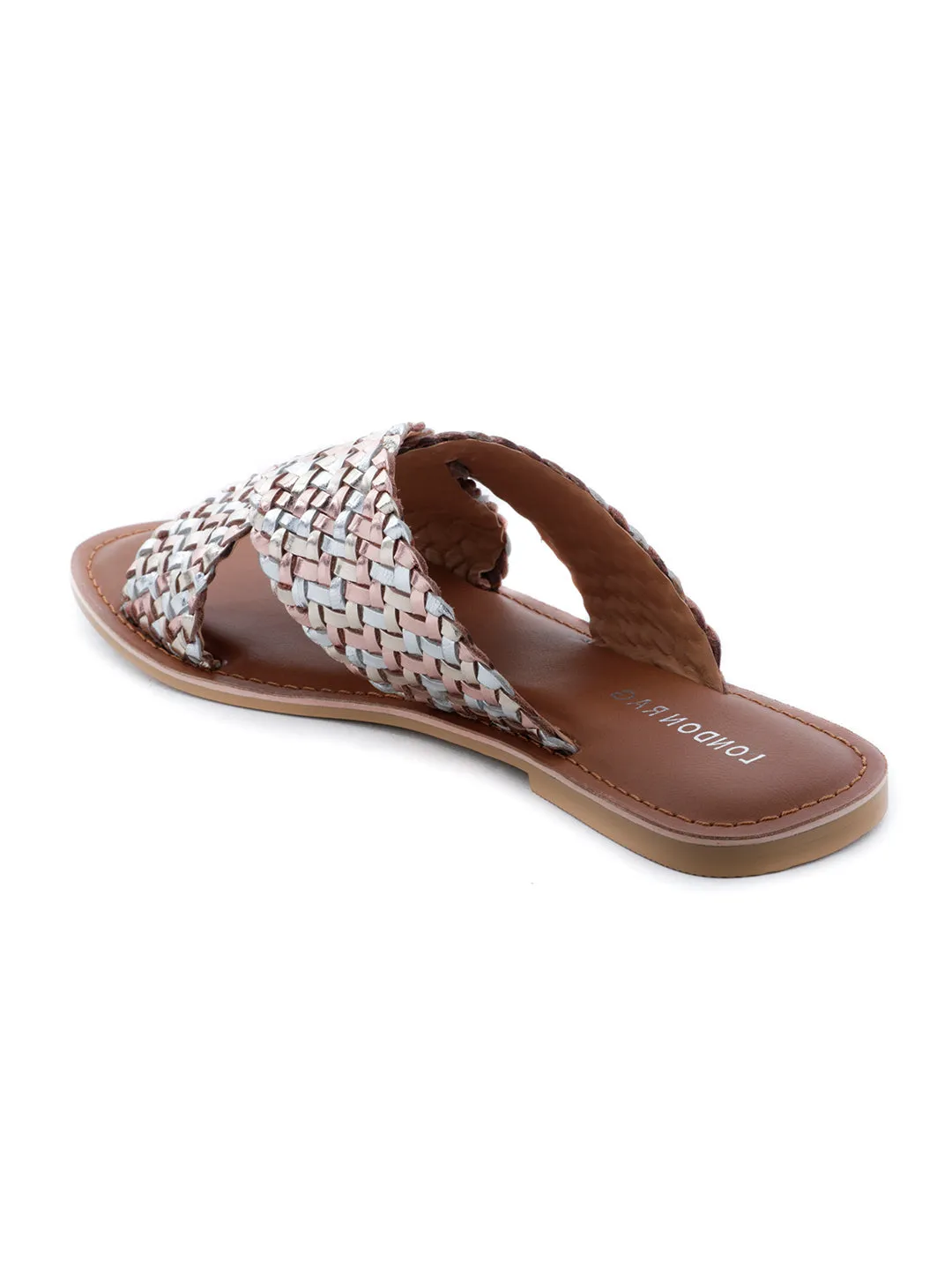 Gold Silver Metallic Weaved Cross Strap Sandal