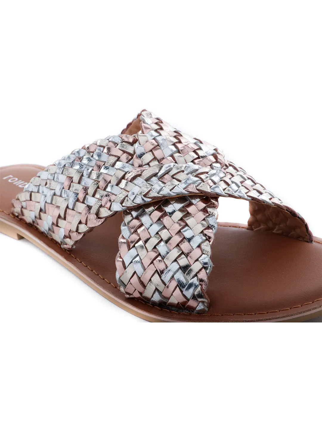 Gold Silver Metallic Weaved Cross Strap Sandal