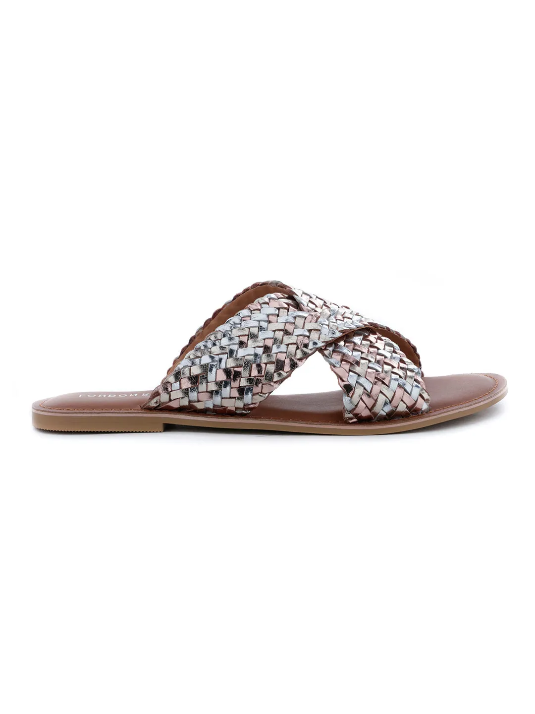 Gold Silver Metallic Weaved Cross Strap Sandal