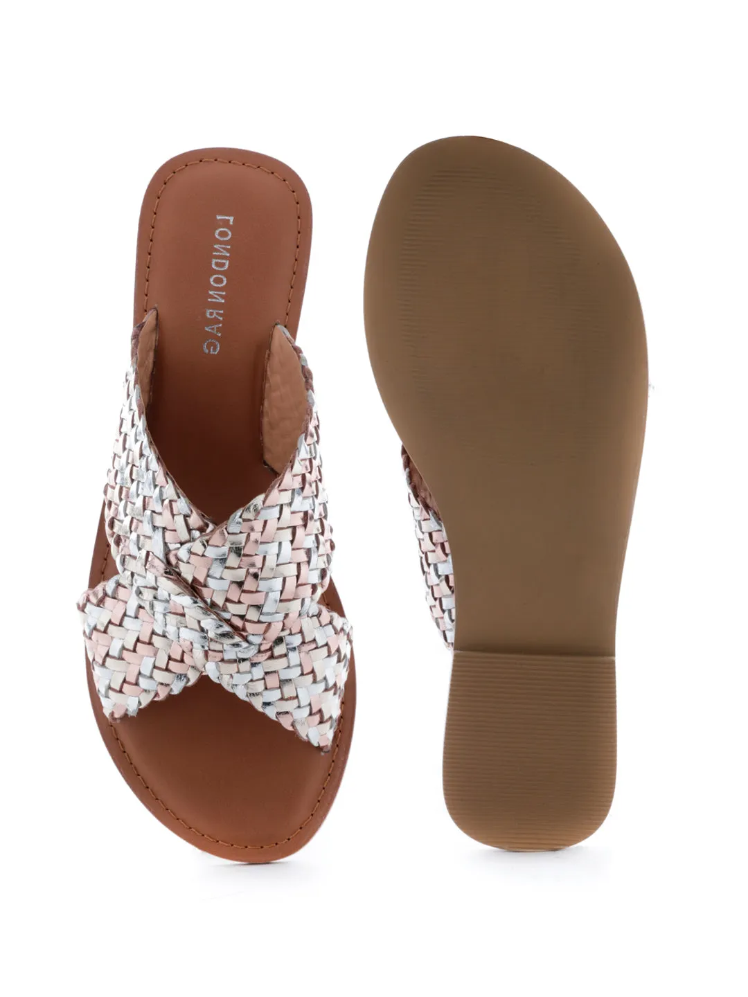 Gold Silver Metallic Weaved Cross Strap Sandal