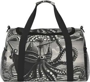 Gym Bag Black and White Octopus and Ship Duffel Bag for Men Women Travel Overnight Bag with Shoe Compartment Workout Bags