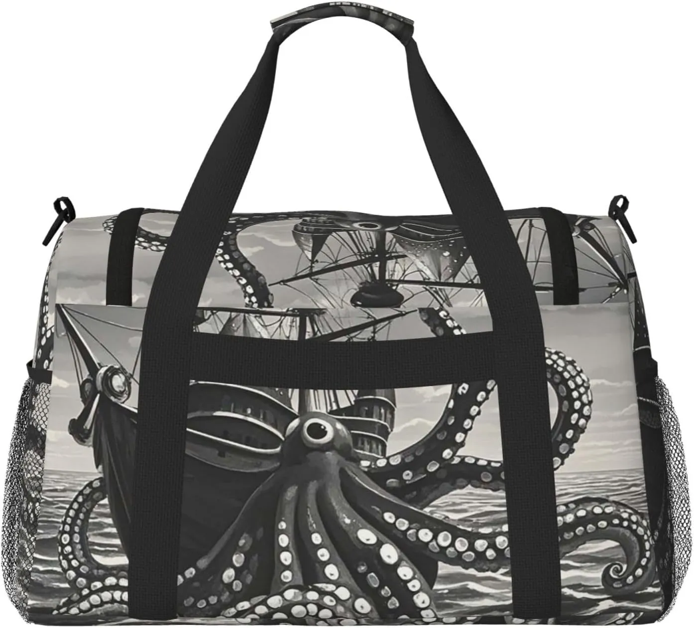 Gym Bag Black and White Octopus and Ship Duffel Bag for Men Women Travel Overnight Bag with Shoe Compartment Workout Bags