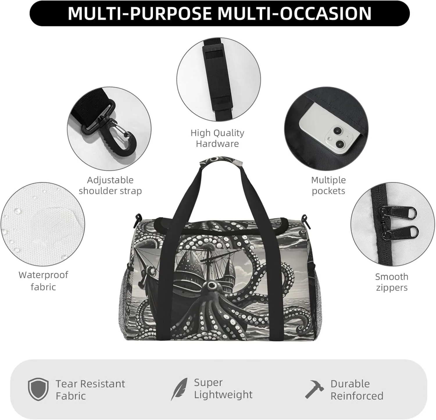 Gym Bag Black and White Octopus and Ship Duffel Bag for Men Women Travel Overnight Bag with Shoe Compartment Workout Bags
