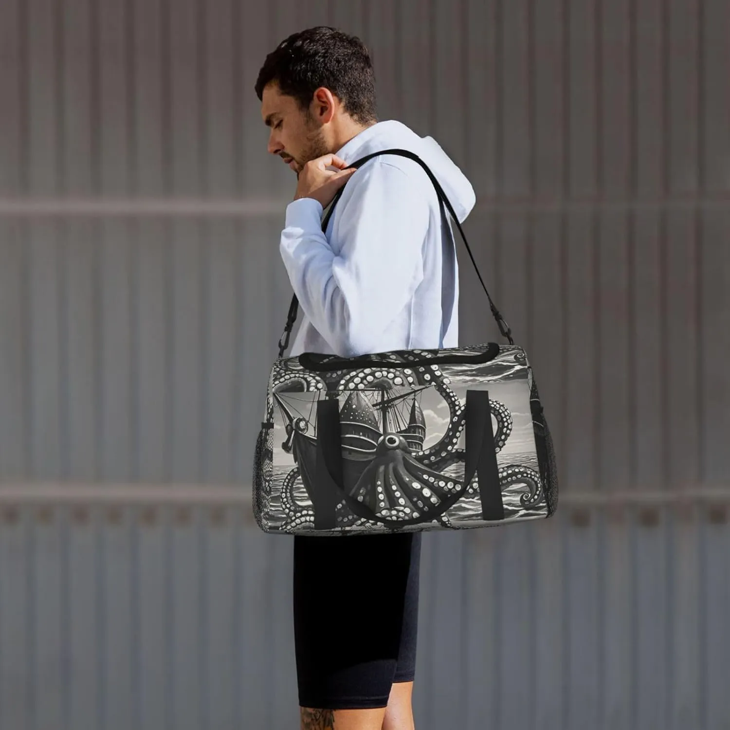 Gym Bag Black and White Octopus and Ship Duffel Bag for Men Women Travel Overnight Bag with Shoe Compartment Workout Bags