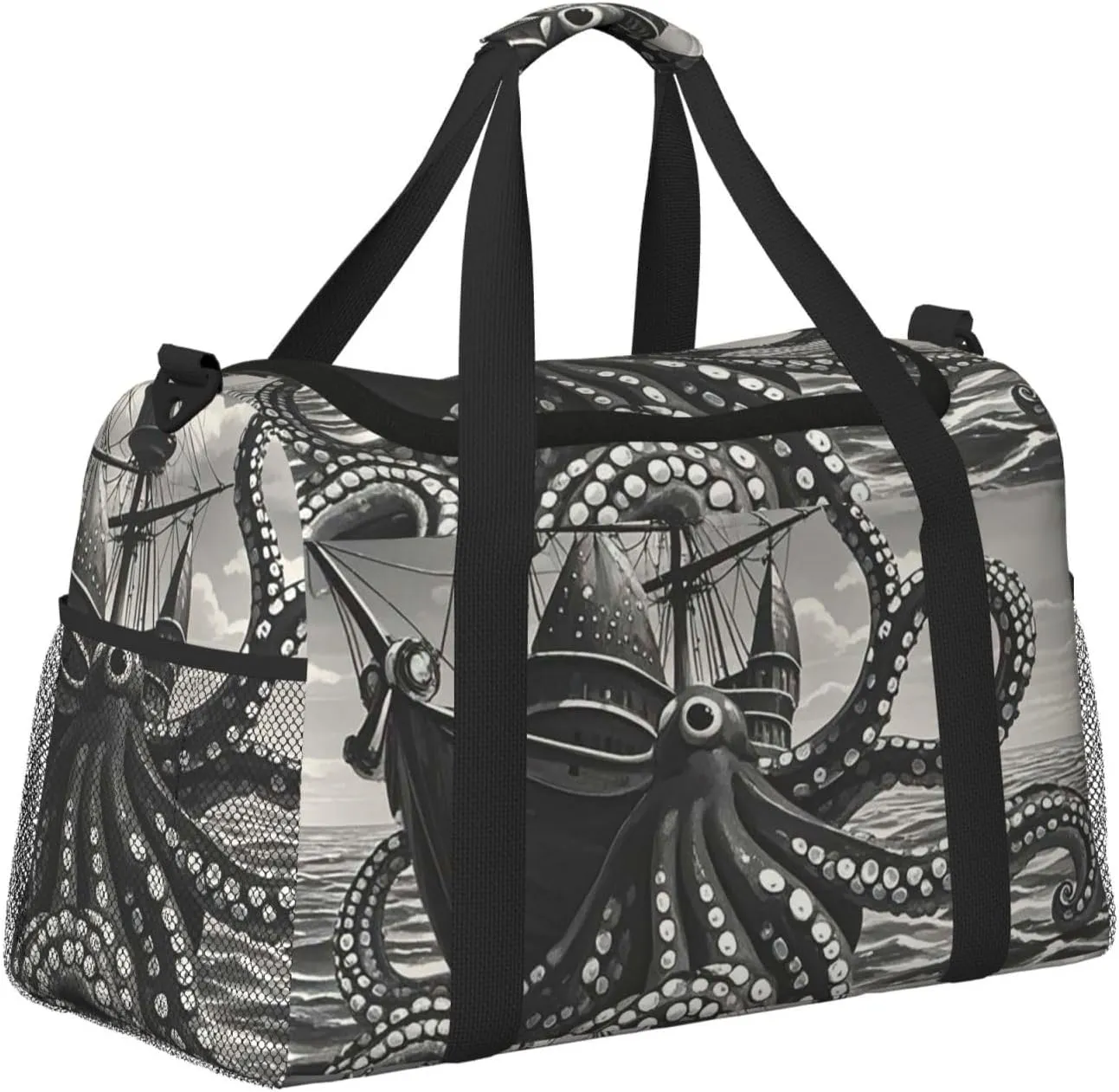 Gym Bag Black and White Octopus and Ship Duffel Bag for Men Women Travel Overnight Bag with Shoe Compartment Workout Bags